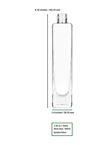 Slim design 100 ml, 3 1/2oz  clear glass bottle  with reducer and tall silver matte cap.