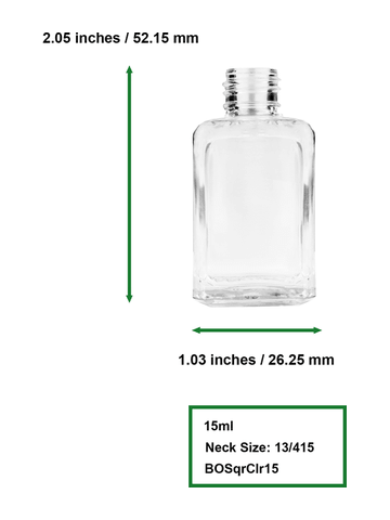 Square design 15ml, 1/2oz Clear glass bottle with short black cap.