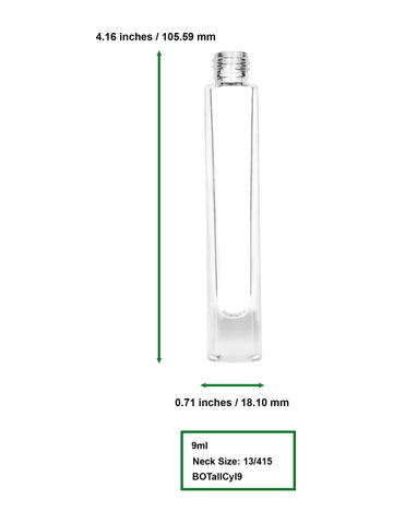 Tall cylinder design 9ml, 1/3oz Clear glass bottle with plastic roller ball plug and matte silver cap.