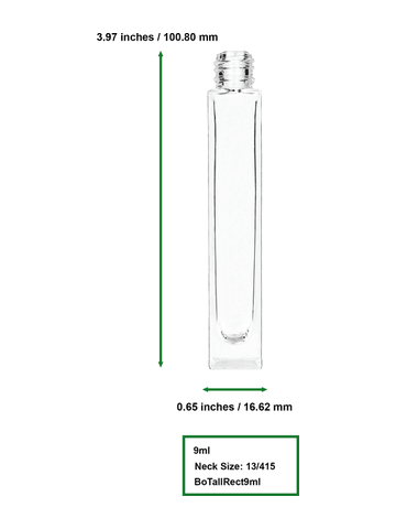 Tall rectangular design 10ml, 1/3oz Clear glass bottle with plastic roller ball plug and matte silver cap.