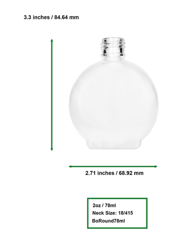 Round design 78 ml, 2.65oz frosted glass bottle with with a matte silver collar treatment pump and clear overcap.