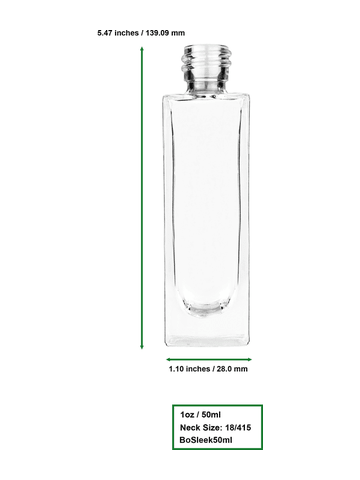 Sleek design 30 ml, 1oz  clear glass bottle  with with a matte silver collar treatment pump and clear overcap.