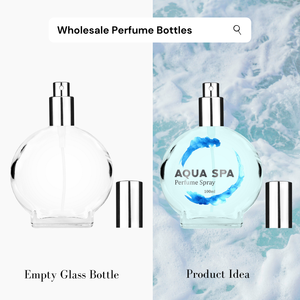 100ml Circle clear Glass Bottle with Shiny Silver Sprayer. For use with perfume, parfum, sprays, and colognes.