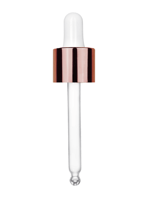 White rubber bulb dropper with shiny copper collar cap. Thread size 18-415