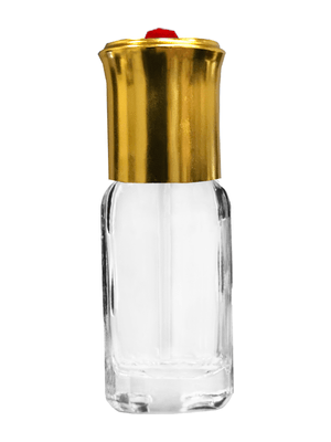 Octagonal style 3 ml glass bottle with shiny gold cap and red bead.