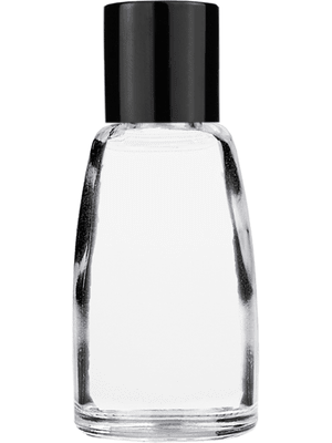 Empty Clear glass bottle with short shiny black cap capacity: 10ml. For use with perfume or fragrance oil, essential oils, aromatic oils and aromatherapy.