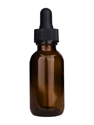 Boston round design 30ml, 1oz Amber glass bottle with black dropper.