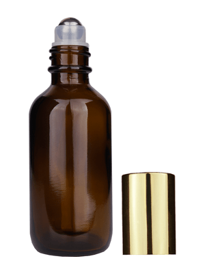 Boston round design 60ml, 2oz Amber glass bottle with metal roller ball plug and shiny gold cap.