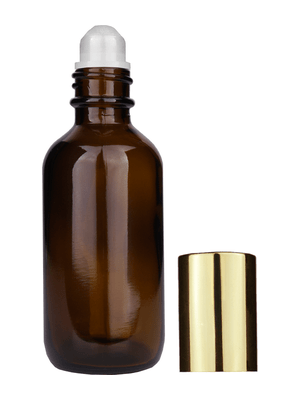Boston round design 60ml, 2oz Amber glass bottle with plastic roller ball plug and shiny gold cap.