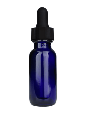 Boston round design 15ml, 1/2 oz  Cobalt blue glass bottle with a black dropper.