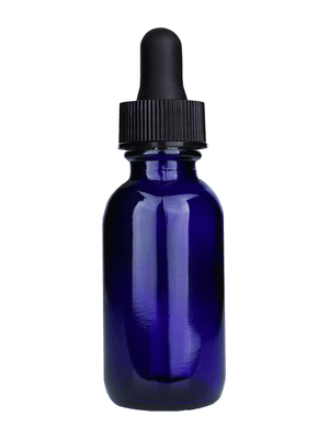 Boston round design 30ml, 1oz Cobalt blue glass bottle with black dropper.