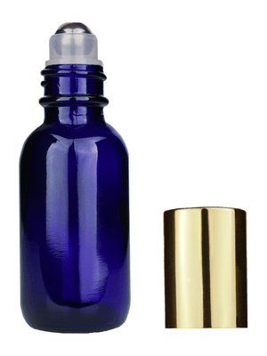 Boston round design 30ml, 1oz Cobalt blue glass bottle with metal roller plug and shiny gold cap.