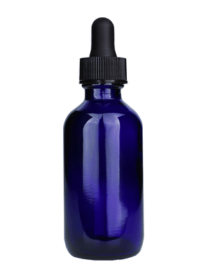 Boston round design 2 ounce cobalt blue glass bottle with black dropper,