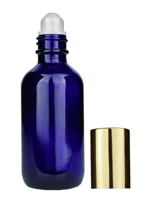 Boston round design 60ml, 2oz Cobalt blue glass bottle with plastic roller ball plug and shiny gold cap.