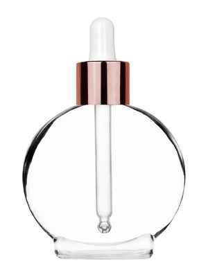 Circle design 50 ml, 1.7oz  clear glass bottle  with white dropper with shiny copper collar cap.