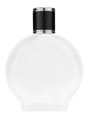 Circle design 100 ml, 3 1/2oz frosted glass bottle with reducer and black faux leather cap.