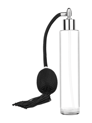 Cylinder design 100 ml, 3 1/2oz  clear glass bottle  with Black vintage style bulb sprayer with tasseland shiny silver collar cap.