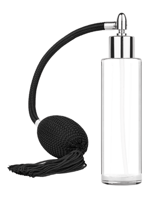 Cylinder design 50 ml, 1.7oz  clear glass bottle  with Black vintage style bulb sprayer with tasseland shiny silver collar cap.