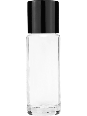 Empty Clear glass bottle with short shiny black cap capacity: 5.5ml, 1/6oz. For use with perfume or fragrance oil, essential oils, aromatic oils and aromatherapy.