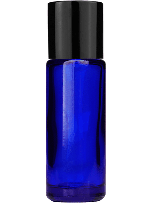 Empty Blue glass bottle with short shiny black cap capacity: 5ml, 1/6oz. For use with perfume or fragrance oil, essential oils, aromatic oils and aromatherapy.