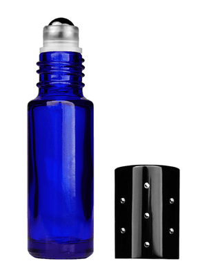 Cylinder design 5ml, 1/6oz Blue glass bottle with metal roller ball plug and black shiny cap with dots.
