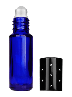 Cylinder design 5ml, 1/6oz Blue glass bottle with plastic roller ball plug and black shiny cap with dots.