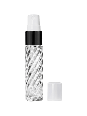Cylinder swirl design 9ml,1/3 oz glass bottle with fine mist sprayer with black trim and plastic overcap.