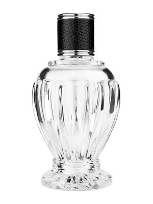 Diva design 100 ml, 3 1/2oz  clear glass bottle  with reducer and black faux leather cap.