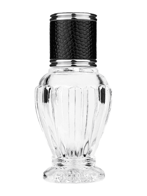 Diva design 30 ml, 1oz  clear glass bottle  with reducer and black faux leather cap.