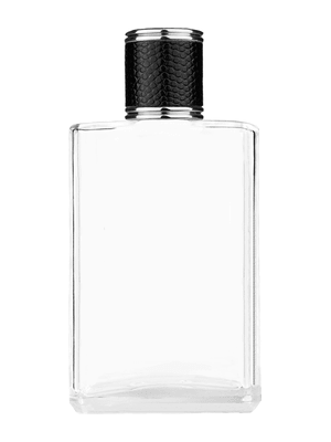 Elegant design 100 ml, 3 1/2oz  clear glass bottle  with reducer and black faux leather cap.