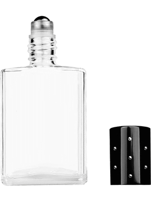 Elegant design 15ml, 1/2oz Clear glass bottle with metal roller ball plug and black shiny cap with dots.