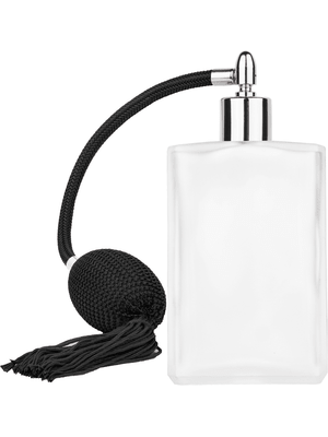 Elegant design 100 ml, 3 1/2oz frosted glass bottle with Black vintage style bulb sprayer with tassel with shiny silver collar cap.