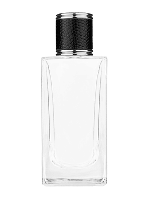 Empire design 100 ml, 3 1/2oz  clear glass bottle  with reducer and black faux leather cap.