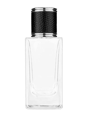 Empire design 50 ml, 1.7oz  clear glass bottle  with reducer and black faux leather cap.