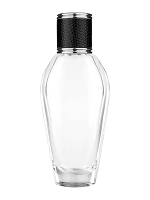Grace design 55 ml, 1.85oz  clear glass bottle  with reducer and black faux leather cap.