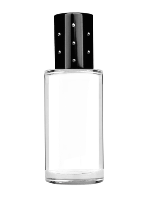 Pillar design 9ml Clear glass bottle with metal roller ball plug and cap in black with dots.