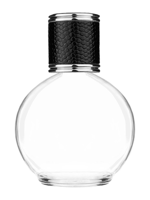 Round design 78 ml, 2.65oz  clear glass bottle  with reducer and black faux leather cap.