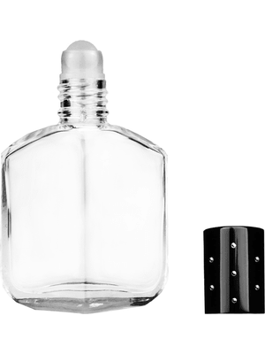 Royal design 13ml, 1/2oz Clear glass bottle with plastic roller ball plug and black shiny cap with dots.