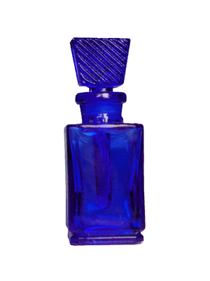 Blue glass rectangular shaped bottle with glass stopper. Capacity : 9ml (1/3oz)