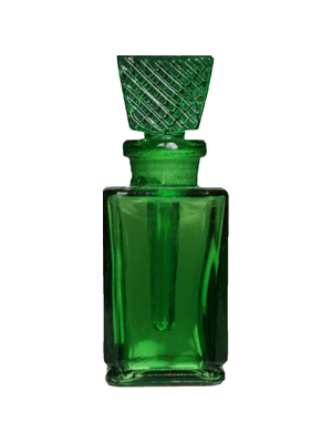 Green glass rectangular shaped bottle with glass stopper. Capacity : 9ml (1/3oz)