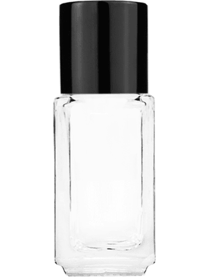 Empty Clear glass bottle with short shiny black cap capacity: 4.2ml, 1/6oz. For use with perfume or fragrance oil, essential oils, aromatic oils and aromatherapy.