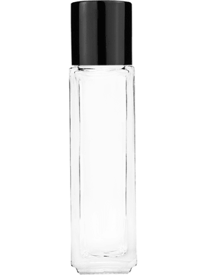 Empty Clear glass bottle with short shiny black cap capacity: 8ml, 1/3oz. For use with perfume or fragrance oil, essential oils, aromatic oils and aromatherapy.