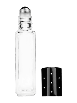 Sleek design 8ml, 1/3oz Clear glass bottle with metal roller ball plug and black shiny cap with dots.