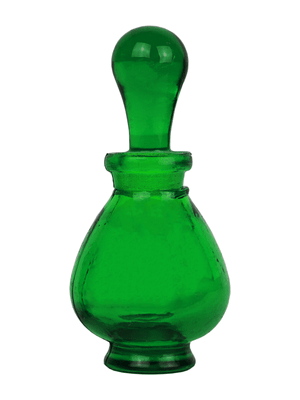 Green glass teardrop shaped bottle with glass stopper. Capacity : 9ml (1/3oz)