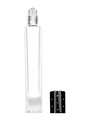 Tall cylinder design 9ml, 1/3oz Clear glass bottle with plastic roller ball plug and black shiny cap with dots.