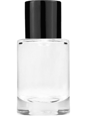 Empty Clear glass bottle with short shiny black cap capacity: 6ml, 1/5oz. For use with perfume or fragrance oil, essential oils, aromatic oils and aromatherapy.