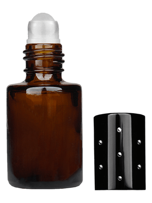Tulip design 5ml, 1/6 oz Amber glass bottle with plastic roller ball plug and black shiny cap with dots.