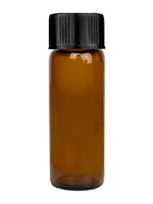 Vial design 1 dram Amber glass vial with black short cap.