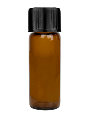 Vial design 2 ml Amber glass vial with short black cap.