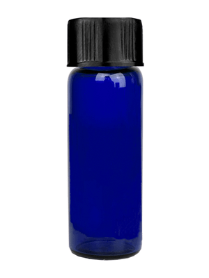 Vial design 1 dram Blue glass vial with black short cap.